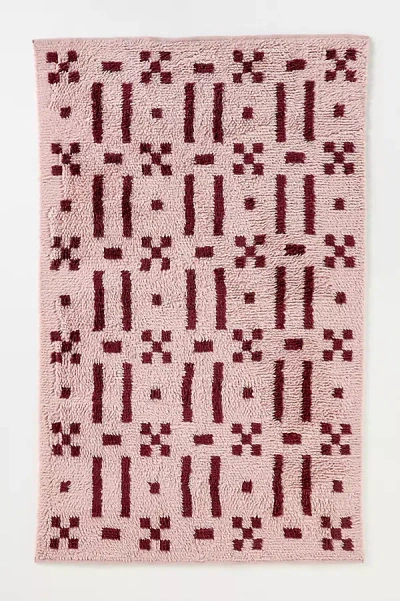 Anthropologie Pink Grid Handwoven Cotton Wool Blend Shag Geometric Rug