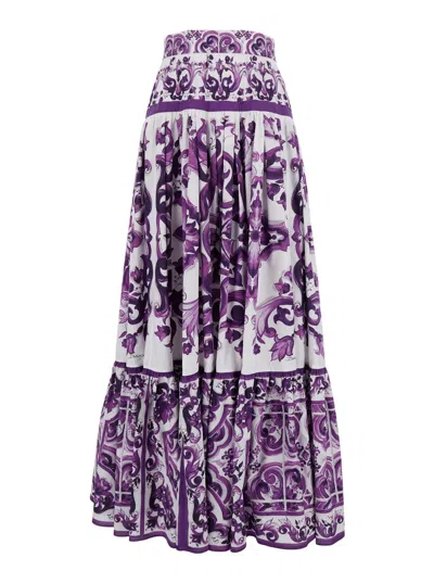 Dolce & Gabbana Violet Long Skirt With Ruffle Hem And All-over Floral Motif In Cotton Woman In Purple