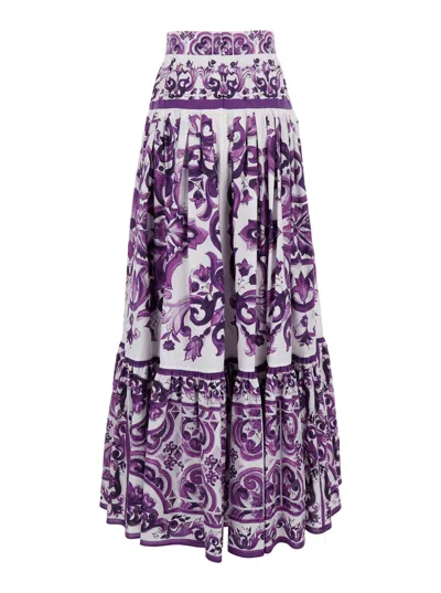 Dolce & Gabbana Violet Long Skirt With Ruffle Hem And All-over Floral Motif In Cotton Woman In Purple