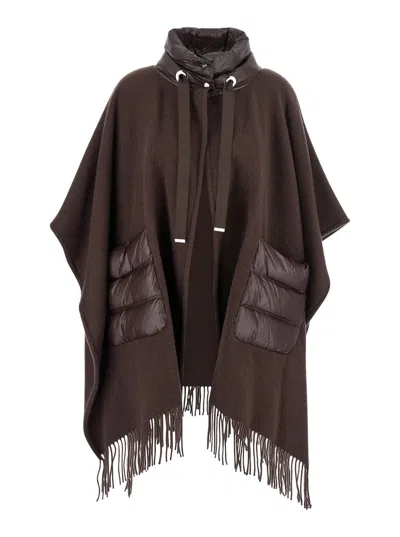 Herno Brown Cape With Drawstring Collar And Fringed Hem In Tech Fabric Woman