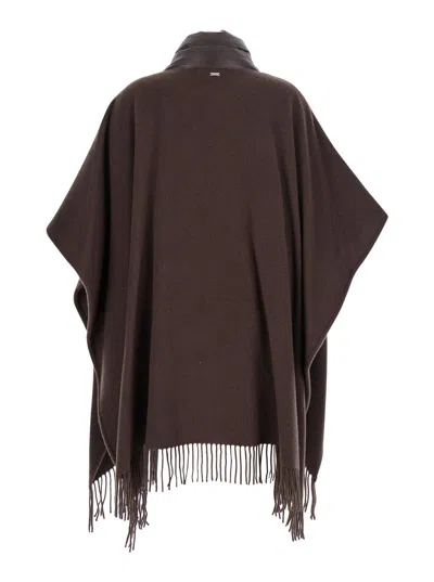 Herno Brown Cape With Drawstring Collar And Fringed Hem In Tech Fabric Woman