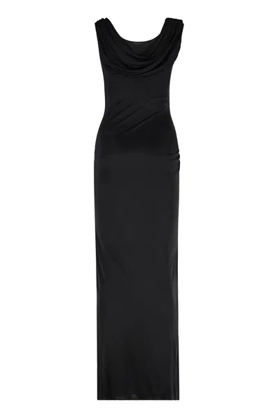 Versace Asymmetric Neck Viscose Long Dress In Black