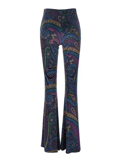 Etro Blue Flared Pants With All-over Paisley Print In Velvet Woman In Blue
