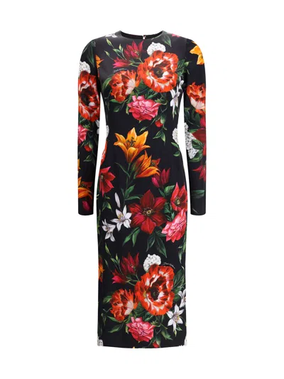 Dolce & Gabbana Flower Print Satin Midi Dress In Multi