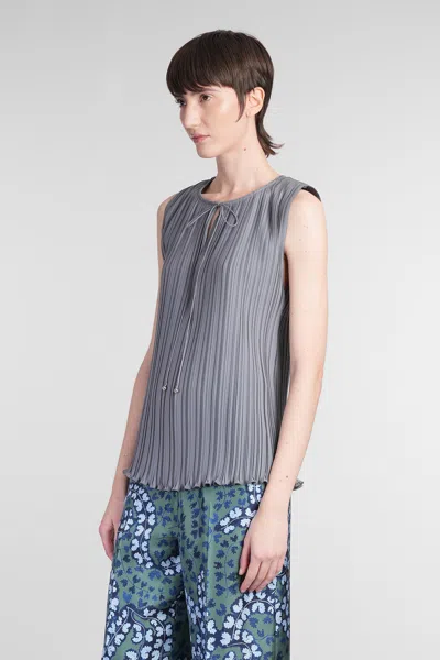 Lanvin Drawstring Neck Pleated Sleeve Top In Gray