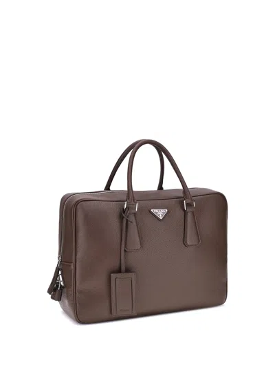 Prada Triangle Logo Leather Briefcase In Brown