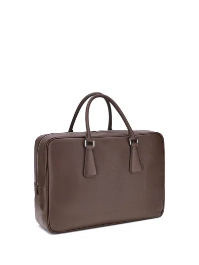 Prada Triangle Logo Leather Briefcase In Brown