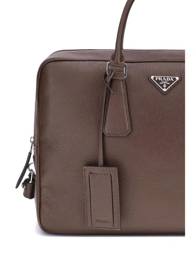 Prada Triangle Logo Leather Briefcase In Brown