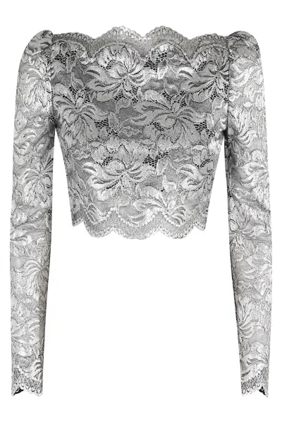 Rabanne Long Sleeve Metallic Lace Top In Gray