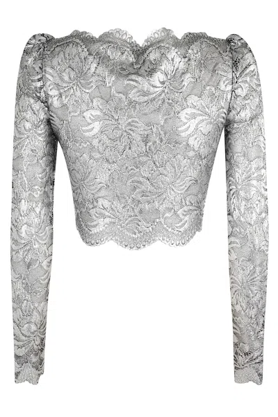 Rabanne Long Sleeve Metallic Lace Top In Gray