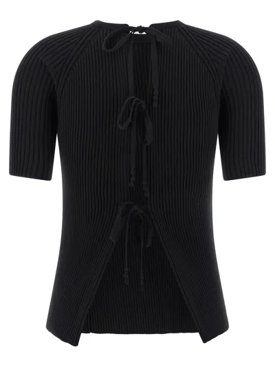 Tory Burch Ribbed Short-sleeve Pullover With Ties And Open Back In Black