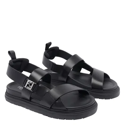 Fendi Ff Leather Sandals In Black