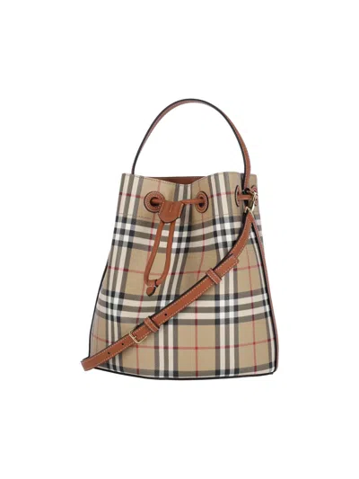 Burberry Check Pattern Canvas Bucket Bag With Top Handle And Leather Trim In Neutral