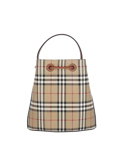 Burberry Check Pattern Canvas Bucket Bag With Top Handle And Leather Trim In Neutral