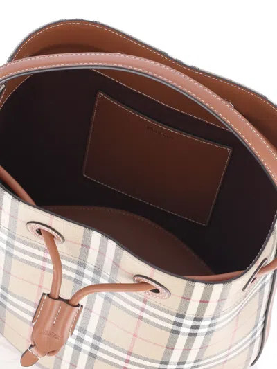 Burberry Check Pattern Canvas Bucket Bag With Top Handle And Leather Trim In Neutral