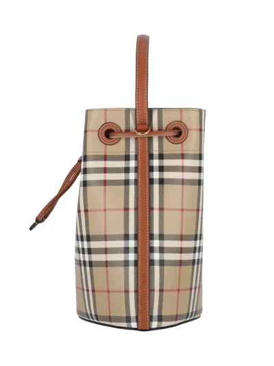 Burberry Check Pattern Canvas Bucket Bag With Top Handle And Leather Trim In Neutral
