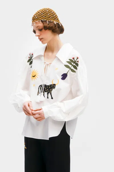 Sleeper Mystic Appliquéd Cotton Blouse In White