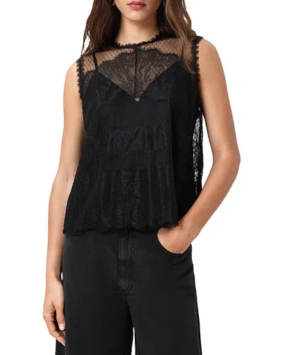 Allsaints Womens Black Clara Lace-embroidered Scalloped-hem Woven Top In Black