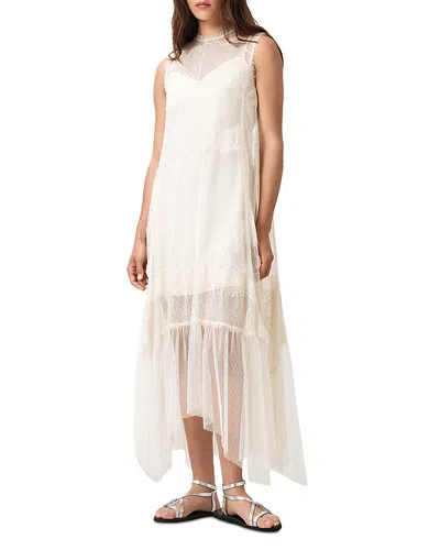 Allsaints Clara Sheer Lace Sleeveless Handkerchief Hem Dress In White