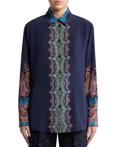 Etro Paisley Print Crepe De Chine Long-sleeved Shirt In Blue
