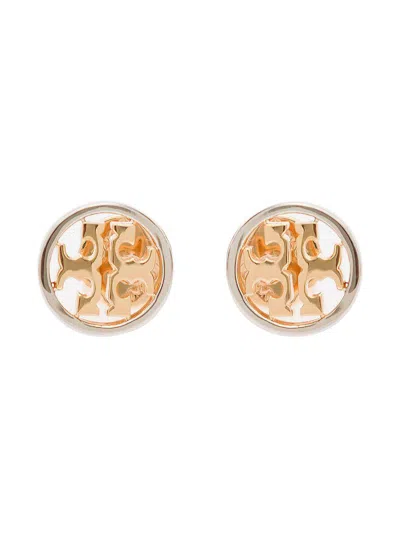 Tory Burch 'miller Stud' Earrings With Logo Detail In Brass Woman