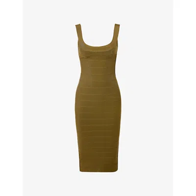 House Of Cb Of Cb Womens The Sculpt Halter-neck Bandage Stretch-woven Midi Dress Olive In Green