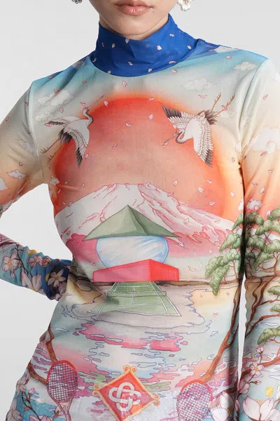Casablanca High Neck Tulle Top With Multicolor Landscape Print In Multi