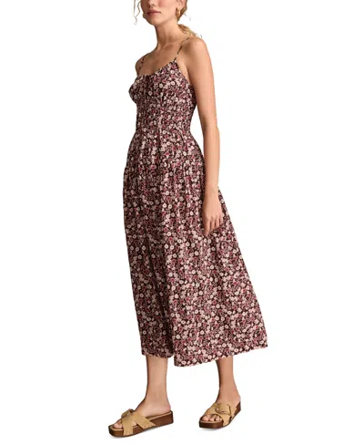 Lucky Brand Floral Shirred Bodice Midi Sundress In Brown