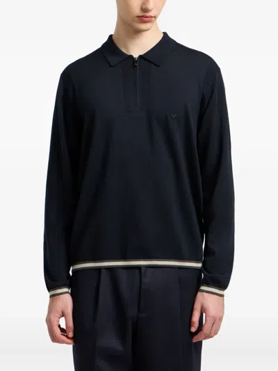 Emporio Armani Half-zip Wool-blend Polo Shirt In Black