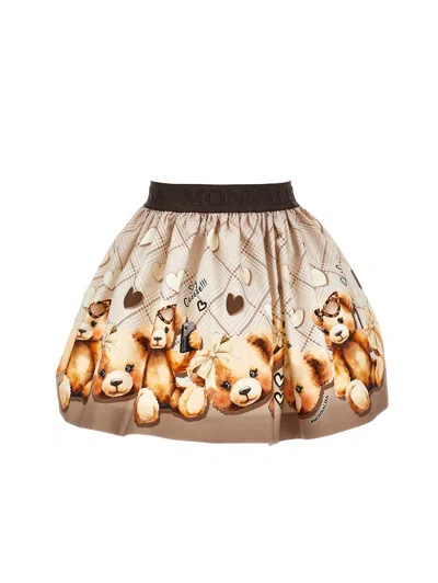 Monnalisa Teddy Bear Gabardine Skirt In Brown