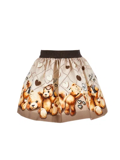 Monnalisa Teddy Bear Gabardine Skirt In Brown