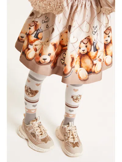 Monnalisa Teddy Bear Gabardine Skirt In Brown