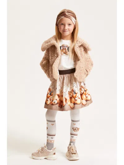 Monnalisa Teddy Bear Gabardine Skirt In Brown