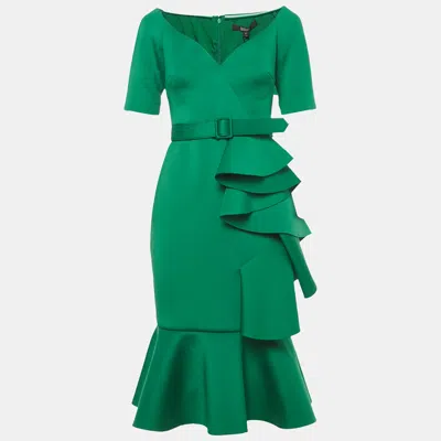 Pre-owned Badgley Mischka Green Neoprene Ruffled Midi Dress S