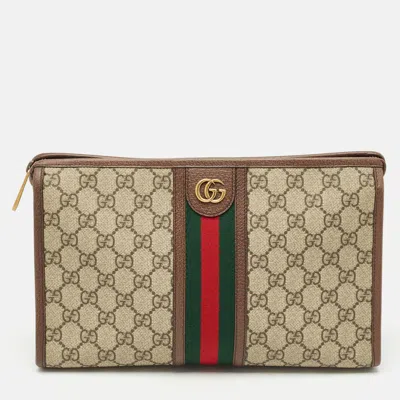 Pre-owned Gucci Beige/brown Gg Supreme Canvas And Leather Medium Ophidia Pouch