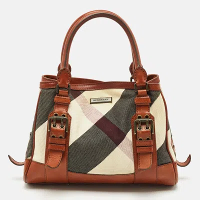 Pre-owned Burberry Brown Mega Check Fabric And Leather Tote