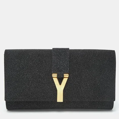 Pre-owned Saint Laurent Black Textured Coated Suede Y-ligne Clutch