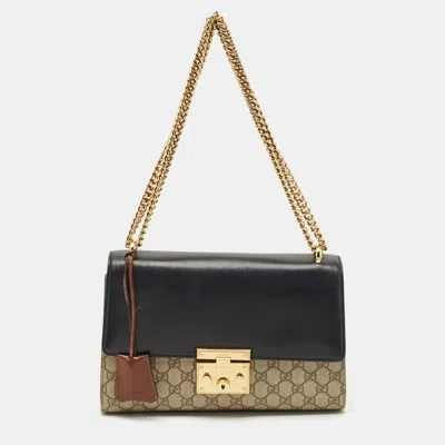 Pre-owned Gucci Beige/black Gg Supreme Canvas And Leather Medium Padlock Shoulder Bag In Sand