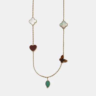 Pre-owned Van Cleef & Arpels Lucky Alhambra 18k Yellow Gold Mother Of Pearl Malachite Carnelian Tiger Eye 12 Motif Bracelet