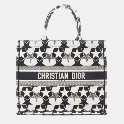 Pre-owned Dior Navy Blue White Large Canvas Embroidered Lucky Star Book Tote