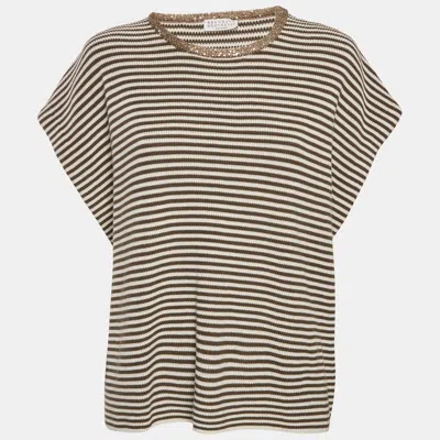 Pre-owned Brunello Cucinelli Brown Stripe Knit Embellished Sweater M