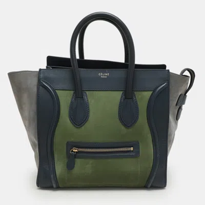 Pre-owned Celine Tri Color Leather And Suede Mini Luggage Tote In Green