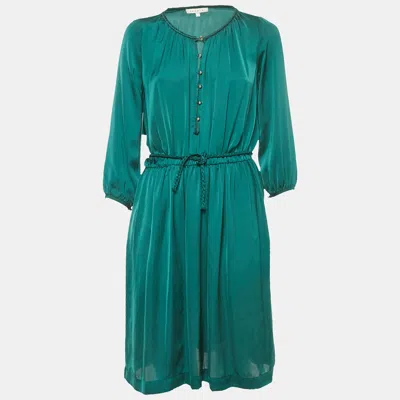 Pre-owned Sandro Green Satin Waist Braided Tie-up Detail Dress S