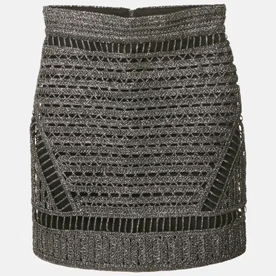Pre-owned Maje Metallic Lurex Crochet Mini Skirt S In Silver
