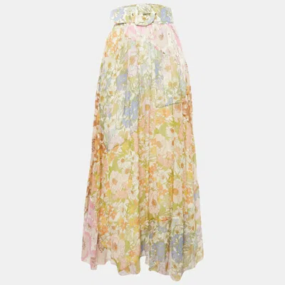 Pre-owned Zimmermann Multicolor Floral Print Cotton Blend Belted Maxi Skirt L