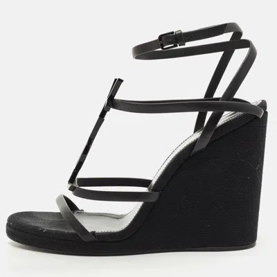 Pre-owned Saint Laurent Black Leather Cassandra Wedge Strappy Sandals Size 39