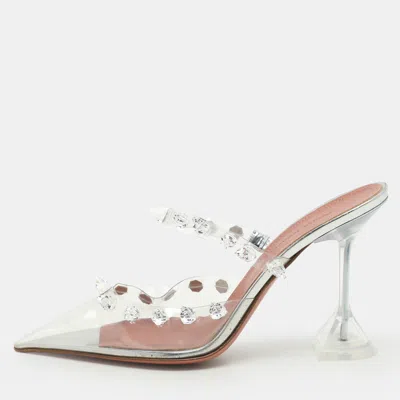 Pre-owned Amina Muaddi Transperent Pvc Crystal Embellished Julia Mule Sandals Size 38.5 In Transparent
