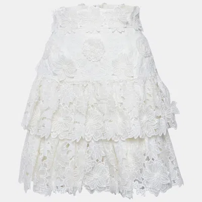 Pre-owned Zimmermann White Floral Applique Linen Tiered Mini Skirt S