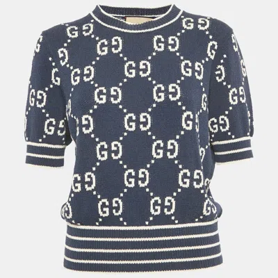 Pre-owned Gucci Navy Blue Gg Intarsia Knit Sweater Xl
