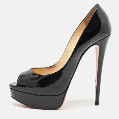 Pre-owned Christian Louboutin Black Patent Leather Lady Peep Toe Platform Pumps Size 38.5
